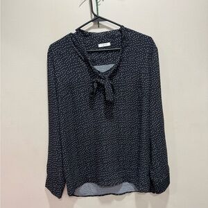 LOFT Black and White Polka Dot Tie Neck Blouse